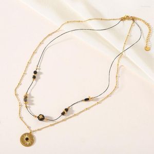 Chains Not Fade Stainless Steel Double Layer Black Beaded Necklace Chain Gold Color Plated Luxury Women Jewelry