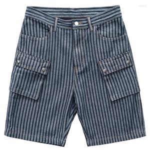 Herr shorts denim randig lös rak multi-ficks arbetskläder sommar mode casual ootd