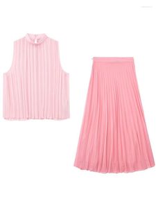 Work Dresses Pink Chiffon Pleated Skirts Sets For Women Sleeveless Round Collar Tops Mid-Calf A-Line 2023 Summer Female Elegant Suits