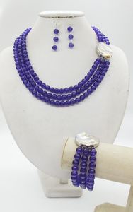 Colar Brincos Conjunto 3 Filas 8MM Super Bonito Roxo Pedras Semipreciosas Cristal Clássico Casamento Noiva Pulseira Jóias