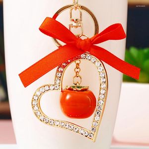 Nyckelringar Rhinestone Fruit Keychain Simulation Persimmon Key Ring Women Girl Car Bag hängsmycken