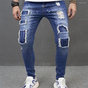 Jeans Masculino Costura Remendo Irregular Calças Denim Pregas Tendência Azul Clássico Rasgado Calças De Corpo Inteiro