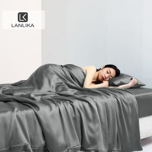 Bedding sets Lanlika Summer Beauty 100% Silk Bedding Set Dark Gray Flat Sheet Pillowcase Double Queen King Quilt Cover Bed Set Fitted Sheet 230809