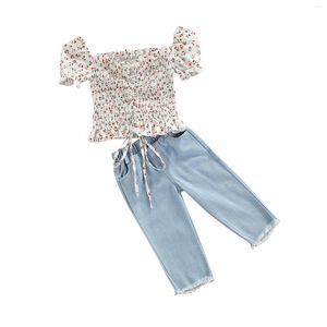 衣類セット2PCS女の女の子の夏のカジュアル服Floral Square Collar Puff Sleeve Drawstring Shird Solid Color Frayed Raw Hem Jeans