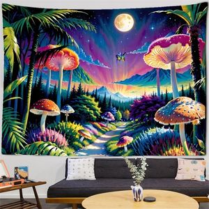 Blanket Mushroom Forest Trail Tapestry Lovely Cartoon Fantasy World Tapestries Fairytale Tree Plants Wall Hanging Cloth for Home Bedroom 230808
