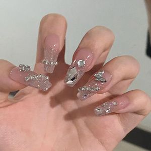 Unhas postiças 24 pçs laço rosa coração curto caixão unhas postiças com cola finalizada reutilizável arte unhas postiças removível cobertura completa pressão sobre conjunto de unhas 230808