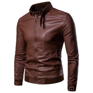 Herrjackor Mens Stand Collar Brown Pu Leather Outdoor Jacket för män Male Korean Motorcykel med dragkedja Faux Coat Plus storlek 230809