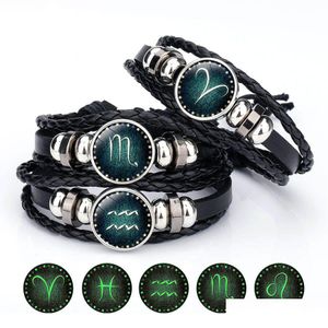 Braccialetti con ciondoli Luminoso 12 Bracciale con segno zodiacale per donna Uomo Glow In The Dark Constellations Catene in corda di cuoio Braccialetto Fai da te Moda Dhp4S