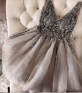 Vneck Beading Sequins Cheap Homecoming Dresses Short Sexy Silver Grey Sweet 16 Graduation Party Gowns Custom Made
