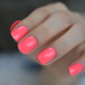 Unhas Postiças 24 Pçs Unhas Postiças Dicas de Unhas Curtas Design de Verão Cor Sólida Neon Rosa Reutilizável Imprensa Acessível Dicas de Unhas para Uso Diário 230808