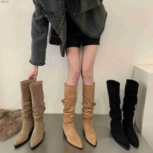 Women Knee High Boots Western Pointed Toe Block Heel Pull-On Cowgirl Booties L230704