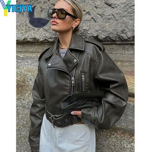 Kvinnors jackor yiciya läderjacka kvinnor punk vinter streetwear pu kort mode med bälte y2k kvinnlig highstreet chic coat 230808