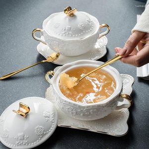 Bowls Bird's Nest Bowl Dessert Small Tableware Embossed Soup Cup With Lid Ceramic Stew Creative Household Health Dish Set