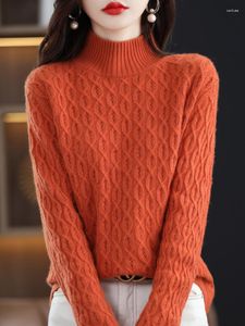 Women's Sweaters Autumn Winter Pullover Cashmere Sweater For Women Merino Wool Twist Flower Mock-neck Pure Colors Thickened Knitwear Top