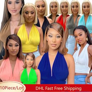 Women's Tanks 10Pcs Bulk Wholesale Women Solid Tank Tops Summer Sexy Deep V-neck Backless Lace Up Halter Y2K Casual Streetwear Vests 9910