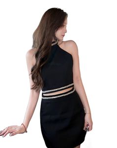 Ny design kvinnors sexiga svarta färg halter hals ärmlös strass skörd toppväst och a-line kjol tvilling 2 pc klänningsdräkt smlxl