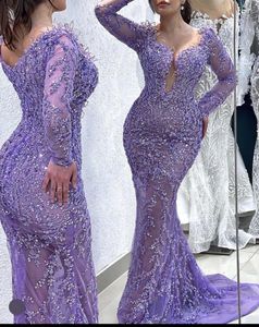 Party Dresses Lilac Evening Dress Scoop Beaded Lace Bling Long Sleeve Mermaid Vestidos De Fiesta