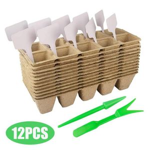 Planters POTS 12st plantor Trays Kit Seed Starter Tray Biologisk nedbrytbar torvanläggning Växande väskeliketter Nursery Pot For Garden Outdoor DH0KC