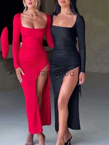 Basic Casual Dresses Articat Sexy Bodycon High Split Drawstring Dress Women Long Sleeve Tight Evening Dress Party Female Elegant Maxi Dress AutumnNew J2308009