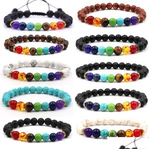 Beaded 7 Chakra Black Lava Strands Bracelets 8Mm Rock Bead Elastic Natural Stones Gemstones Oil Diffuser Yoga Strandsbracelets For Men Dhjt7