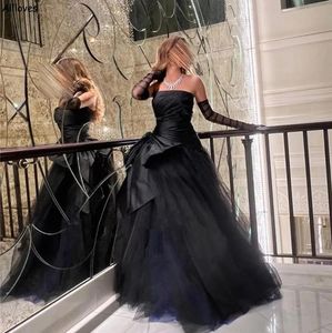 Tulle Strapless Vintage Black Evening Dresses Elegant Satin Ruched Sexy Puffy Empire Waist Princess Ball Gowns Plus Size Women Dance Prom Formal Party Dress