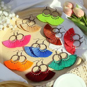 Bohemiska etniska långa fläktformade tofs örhängen Vintage Big Circle Colorful Statement Earrings for Women Party Wedding Jewelry