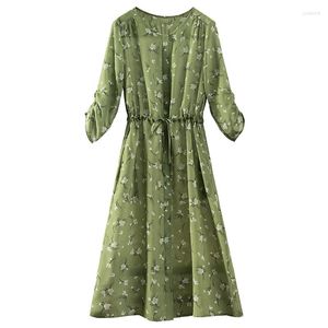 Sukienki zwykłe Crepe de chine Summer Natural Silk Green Sukienka Kobiety trzy ćwierć rękawie o-dół mid-calf a-line vestidos mujer invierno