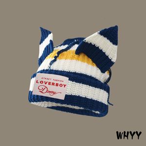 Beanie/Kafatası Kapakları Moda Kapşonlu Loverboy Ear Örgü Şapka Çift Katmanlı Sonbahar Kış Sıcak Domuz Kulak Yün Şapka Niş Tasarım 671