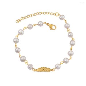 Braccialetti di collegamento Bracciale di perle per ragazza Catena color oro Fascino di piume Moda Donna Braccialetto Gioielli Regali di compleanno