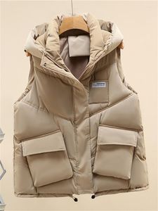 Kamizelki damskie kamizelka zimowa kamizelka kobiety Koreańska moda swobodna z kapturem duża kieszeń ciepła kamizelka kobieta luźna kurtka bez rękawów panie 2023