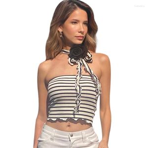 Regata Feminina Estilo Americano Expose Navel Tank Top Stripe Halter Bandage Slim Sexy Contraste Cor Sem Mangas Tubo Camisola