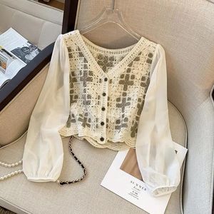 Women's Knits V Nevk Floral Hollow Cardigan Women Elegant Embroidered Thin Chiffon Long Sleeve Blouses Sweet All Match Preppy Style