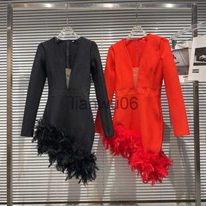 Basic Casual Dresses PREPOMP 2023 Autumn New Collection Sexy V Neck Irregular Feathers Slim Stretch Short Dress Women GL186 J2308009