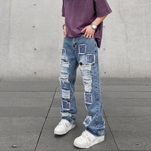 Men's Jeans Vintage Distressed Mens Flared Patchs Embroidery Wide Hip Hop Washed Destroyed Ripped Baggy 2023 Clothes
