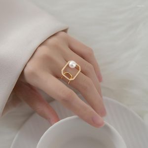 Cluster Rings 925 Sterling Silver Pearl Ring For Women Adjustable Female Geometric Square Diamond Zircon Hollow Sweet Fashion Jewelry Gift