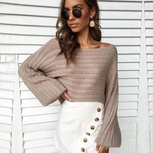Kvinnors tröjor 2023 Kvinnor Fall Lantern Sleeve Solid Sweater Tops Office Lady Fashion Knitwear Long-Sleeved Kahaki Warm Pullover