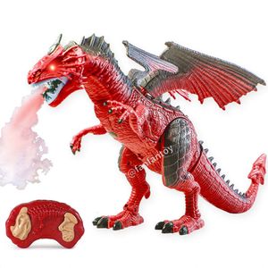 Elétrico/RC Animais Elétrico RC Dinossauro Brinquedos Spray Nevoeiro Fogo Dragão Controle Remoto Dinossauro Iluminação Som Andando Animal Modelo Crianças Brinquedos Presente de Natal 230808