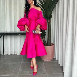 Elegant Short Halter Taffeta Prom Dresses Puffy Sleeve Mermaid Fuchsia Tea Length Ruffle Evening Dresses for Women