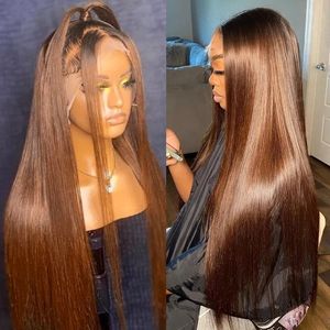 30 Inch Colored Chocolate Brown 13x4 Lace Front Human Hair Wig Brazilian Bone Straight 13x6 Transparent Lace Frontal Wig on Sale