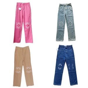 Calças de brim femininas bordadas de grife calças de ganga azuis vintage estilo de rua calças retas charmosas rosa cáqui