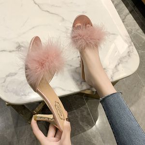 Slippare Woman Feather High Heels Point Toe Slippers Fashion Sandals Women Open Toe Pumpar Slides White Pink Black Size 35-43 230808