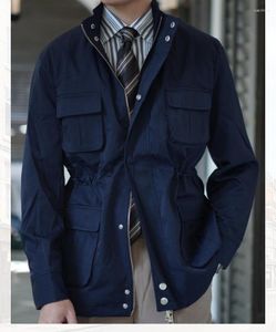 Mäns jackor Navy Blue Safari Jacket For Men Spring and Autumn Zipper Coat Standard Collar Casual Suit Man Outfit Blazer