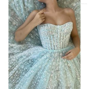 Party Dresses 2023 Bling Formal Dress Sky Blue Sweetheart Backless Prom Strapless Sleeveless Ruffles Tulle Vestidos De Noche