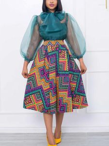 Casual Dresses A Line Printed Dress For Women Gauze Patchwork Transparent Big Bow Long Sleeve Sexy Classy Party Club African Female Outfits