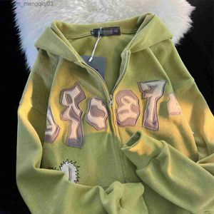 Erkek Hoodies Sweatshirts American Retro Street Fermuar Gevşek Sıradan Kazak Kadın İlkbahar ve Sonbahar İnce ve Eşsiz Kapşonlu Çift Ceket Z230810