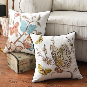 Almofada decorativa almofada borboleta pavão bordado capa de almofada 45x45cm floral estilo country algodão decoração de casa para livin231i