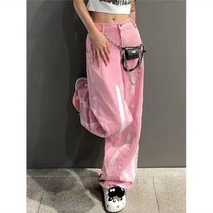 Kvinnors jeans rosa hög midja jeans lösa raka baggy breda benbyxor kvinnlig estetik y2k koreansk mode slipsfärgad denim byxor kvinnor 230809