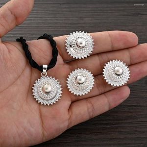 Conjunto de colar de brincos prata etíope anel pequeno presente de festa joias para mulheres