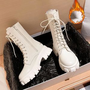 Boots Thicken Winter Knight Boots Women Knee High Long Square Heel Boots Retro Thick Motorcycle Boots Black White Botas Mujer 230809