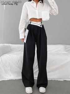 Women's Pants Capris Mnealways18 Patch Work Wide Leg Pants Women's Black Contrast Casual High Waist Pants Spring Summer 2023 Luggage Trouser Office Women Z230810